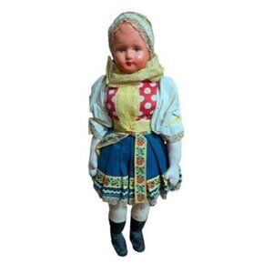 Czech Doll Traditional Slovak Costume Folk Art 1960s Cloth Body 14 in Pink Face